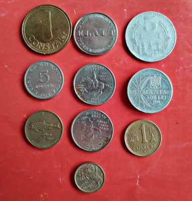 Lot 10 monede straine, romanesti și jetoane, circulate conform foto L17 500 lei Romania 1999 Eclipsa Constaler jeton Quarter Delaware Elaut jeton foto