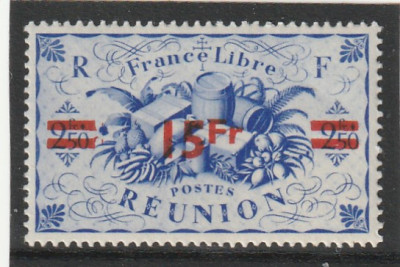 Reunion 1945-Produse nationale,Dantelat,supratipar,15 fr./2,50 fr, MNH , Mi.301 foto