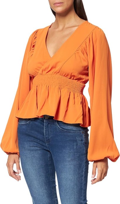 Bluza cu talie smock pentru dame NA-KD, portocaliu, marimea 34 - OUTLET