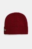 Lacoste căciulă de l&acirc;nă culoarea bordo, de l&acirc;nă, din țesătură uni, RB0001