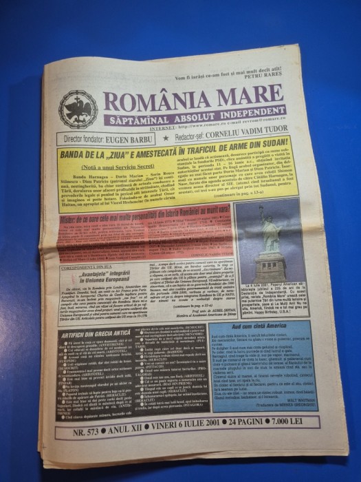 ziarul romania mare 6 iulie 2001 - redactor sef corneliu vadim tudor
