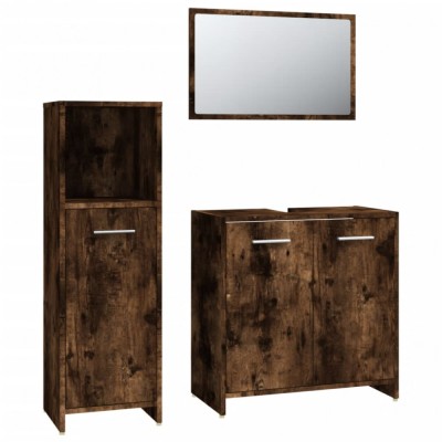 Set mobilier de baie, 3 piese, stejar fumuriu, lemn prelucrat foto