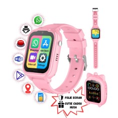 Smartwatch pentru Copii 4G cu Cartela SIM, GPS, WhatsApp, Mod Spion, SMS, Buton SOS, Camera, GITECH&reg; G28, Husa cu Snur Cadou, Roz