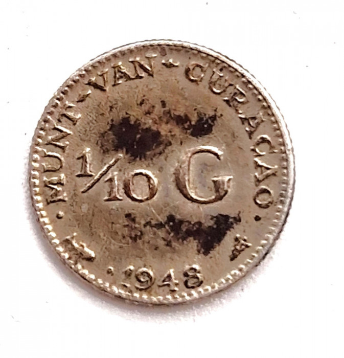 moneda argin _ Curacao 1/10 gulden 1948 _ AG. 640 _ km # 48 _ rara tiraj mic