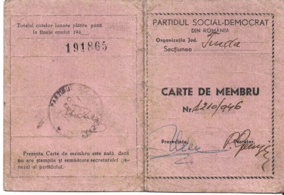 Carnet de membru Partidul Social - Democrat 1946 foto