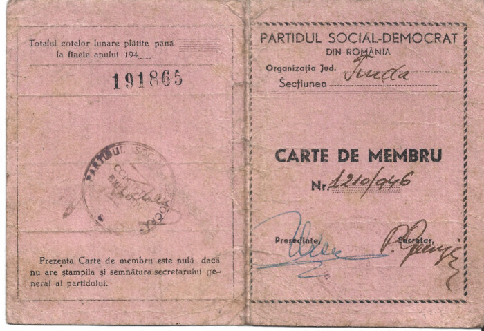Carnet de membru Partidul Social - Democrat 1946
