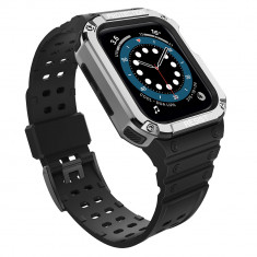 Husa si curea Armored Strap Band compatibila cu Apple Watch 4/5/6/7/8/SE 38/40/41mm Black/Silver foto