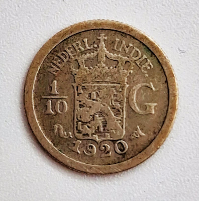 moneda argint Indiile Olandeze de est ( Indonesia ) 1/10 gulden 1920 _ km # 311 foto