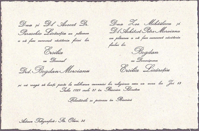 A3100N Invitație la nunta compozitorului Bogdan Moroianu, 1939
