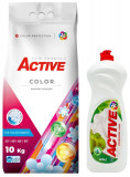 Cumpara ieftin Detergent pudra pentru rufe colorate Active, sac 10kg, 135 spalari + Detergent de vase lichid Active, 1 litru, mar