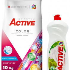 Detergent pudra pentru rufe colorate Active, sac 10kg, 135 spalari + Detergent de vase lichid Active, 1 litru, mar