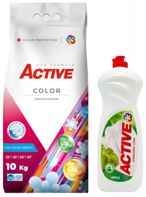 Detergent pudra pentru rufe colorate Active, sac 10kg, 135 spalari + Detergent de vase lichid Active, 1 litru, mar foto
