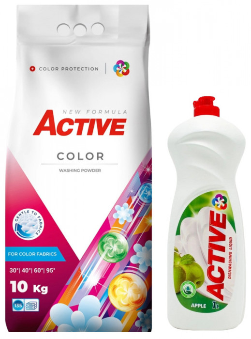 Detergent pudra pentru rufe colorate Active, sac 10kg, 135 spalari + Detergent de vase lichid Active, 1 litru, mar