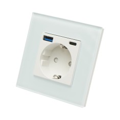 Priza Schuko, USB A si USB C, 220V, 16A, rama sticla, incarcare rapida 20 W, 8.6 x 8.6 x 3.4 cm, alb