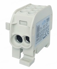 Clema de distributie - derivatie gri Cu-Al 202A 125A pe sina DIN 1 pol 2 intrari borne (25+35mm &sup2;) si 2 iesiri (25+35mm &sup2;) 1000V AC DC