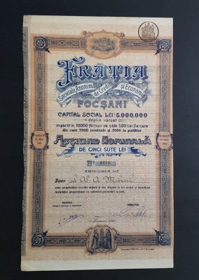 Actiune rara 1920 soc. de credit Fratia Focsani , titlu , actiuni , banca foto