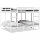 Pat supraetajat triplu vidaXL, alb, 160x200/80x160 cm, lemn masiv pin, economie spatiu, scari+balustrade protectie