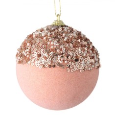 Ornament Brad Crăciun, Glob Catifelat, Spumă, Roz, Paiete, 9 cm