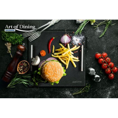 Platou ardezie patrat cu doua manere din inox, 30 x 30 cm foto