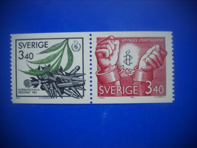 HOPCT TIMBRE SUEDIA MNH 982 PENTRU PACE SI LIBERTATE -2 VALORI 1986-NESTAMPILAT foto