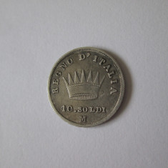 Rară! Italia/Regatul Napoleonic 10 Soldi 1811 argint Napoleon I,patină deosebită