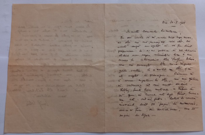 Scrisoare adresata prof Radulescu, anii 30