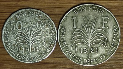 Guadeloupe / Guadelupa - set colonial ultra rar - 1 franc 1921 + 50 centimes 1903 foto