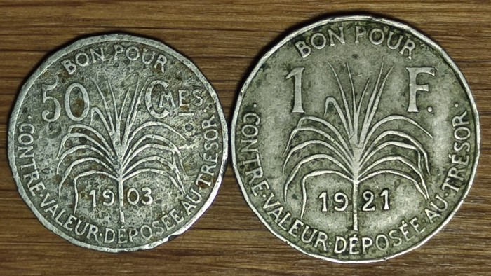 Guadeloupe / Guadelupa - set colonial ultra rar - 1 franc 1921 + 50 centimes 1903