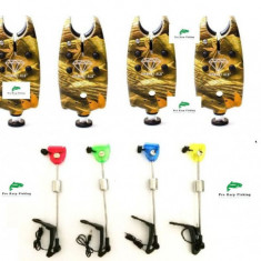 set 4 senzori/avertizori pescuit cu 4 swingere cu led si 4 picheti