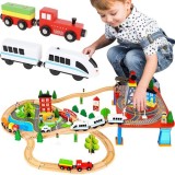 Trenuleț din lemn cu baterii locomotivă electrică și șine