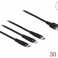 Cablu de incarcare USB-A la Lightning / Micro USB / USB Type C 0.3m Negru, Delock 87152