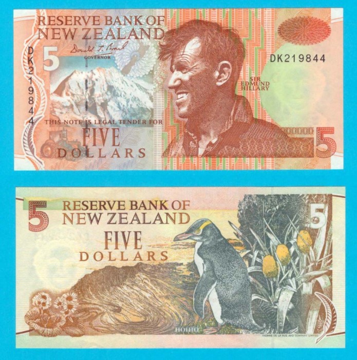 Noua Zeelanda (p#177) 5 Dollars 1993 UNC &#039;Varianta pe h&acirc;rtie&#039; serie: DK219844 Tipărită de: De La Rue