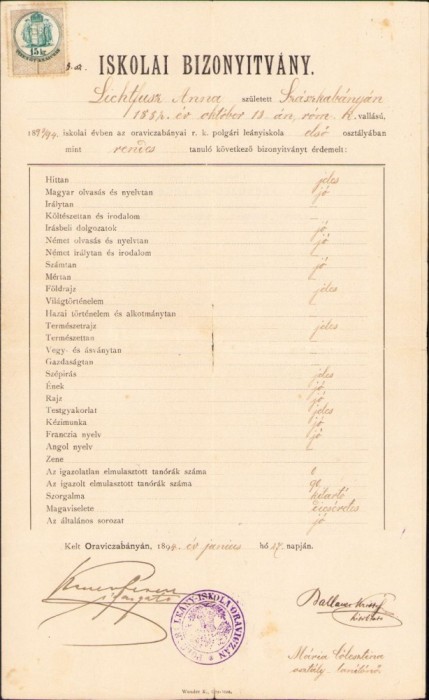 A1834 Certificat școlar, 1894, Oravița