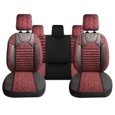 Set Huse Scaune Auto pentru Audi A3 - Panda PSC02, material textil cu piele ecologica, cu fermoare pentru bancheta rabatabila, visiniu cu negru, 11 pi