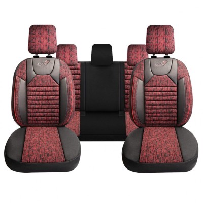 Set Huse Scaune Auto pentru Tesla X - Panda PSC02, material textil cu piele ecologica, cu fermoare pentru bancheta rabatabila, visiniu cu negru, 11 pi foto