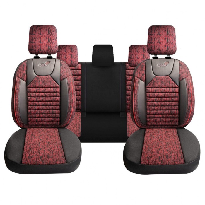 Set Huse Scaune Auto pentru Tesla X - Panda PSC02, material textil cu piele ecologica, cu fermoare pentru bancheta rabatabila, visiniu cu negru, 11 pi