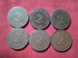 6 Monede Germania Deutsches Reich 2pf bronz : scut mare 1874 A , 1875c , 1876 c 1877a ,scut mic 1914a si 1924j, Europa