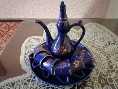 Serviciu ceai/soju/sake porțelan, cobalt, aur, 8 piese, made in Coreea foto