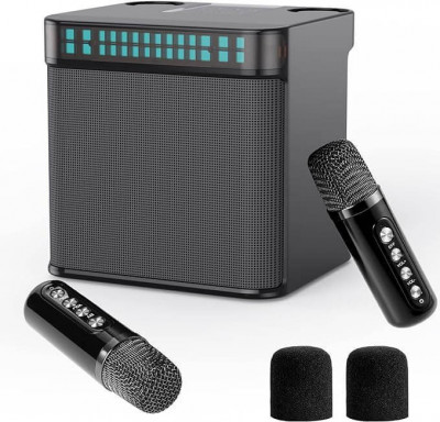 Boxa portabila karaoke, doua microfoane wireless, bluetooth, LED RGB, 100W, foto