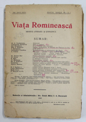 VIATA ROMANEASCA , REVISTA LITERARA SI STIINTIFICA , ANUL XXIV , NR. 3-4 , MARTIE - APRILIE , 1932 , PREZINTA SUBLINIERI , INSEMNARI , PETE SI URME DE foto