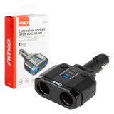 Distribuitor priza bricheta auto 12V 24V AMiO, 2 porturi PD 30W si 20W, QC3.0, 2 prize 12/24V, voltmetru incorporat, putere maxima 200W