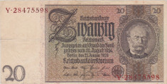 GERMANIA REICHSBANKNOTE 20 REICHSMARK 1929 F foto