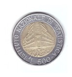 Moneda Italia 500 lire 1996, comemorativa Institutul National de Statistica, stare foarte buna, curata