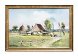 Cumpara ieftin Tablou pictat manual inramat, Casa taraneasca, fantana cu cumpana la Falticeni, 65x45cm ulei pe panza, rama din lemn, Geo Ungureanu