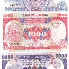 Bancnota Uganda 500, 1.000 si 5.000 Shilinig 1986 - P24b-26 UNC ( set x3 )