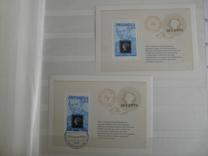 MAURITIUS 1979 - PERSONALITATI , ROWLAND HILL , 2 COLITE NESTAMPILAT+STAMPILATA