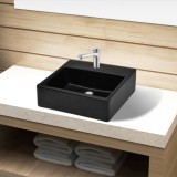 Cumpara ieftin Chiuvetă de baie pătrată din ceramică cu gaură pentru robinet, negru, vidaXL