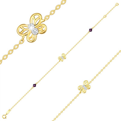 Brățară combinată de aur 585 &amp;ndash; un fluture &amp;icirc;n două tonuri, cristale Swarovski violet &amp;icirc;nchis foto