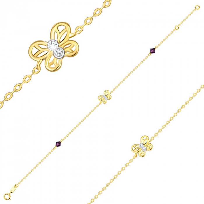 Brățară combinată de aur 585 &ndash; un fluture &icirc;n două tonuri, cristale Swarovski violet &icirc;nchis