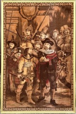 Carpeta veche &icirc;nrămată, stil tapiserie, Scena după Rembrandt Rondul de Noapte , cu ramă 90x135 cm